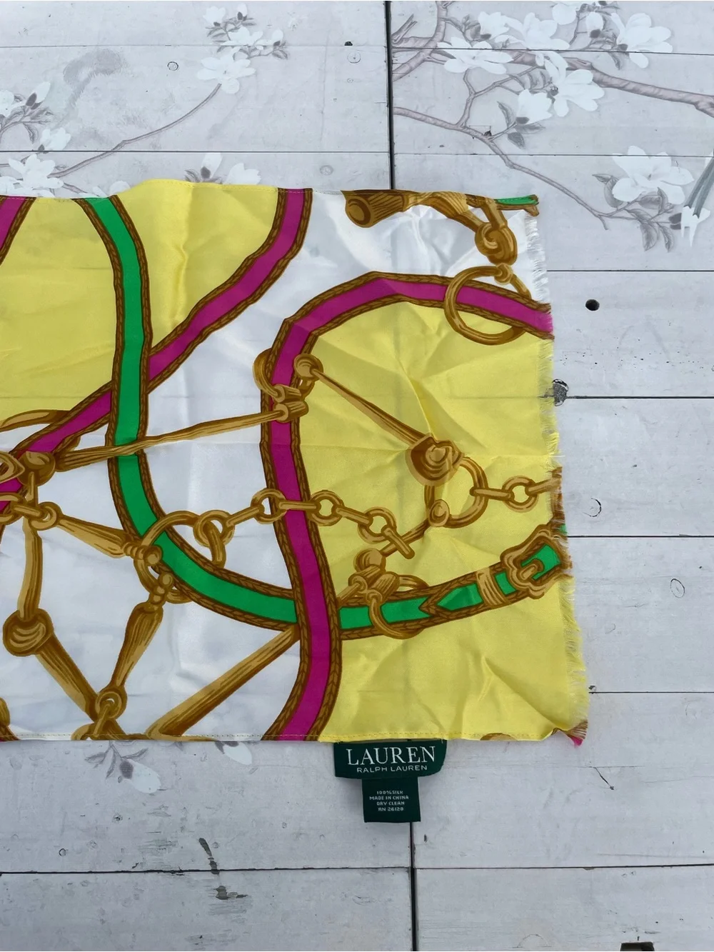 Lauren Ralph Lauren Yellow Silk Scarf with Pink and Green Chain Motif